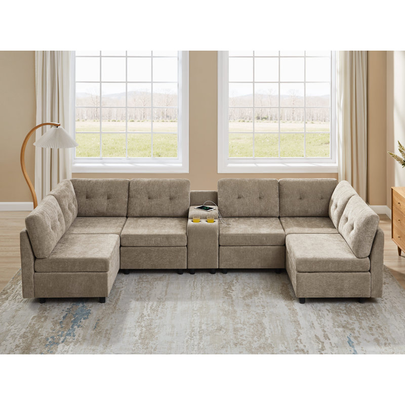 Chenille Upholstered Sectional Sofa With Storage Console, Camel Polyester