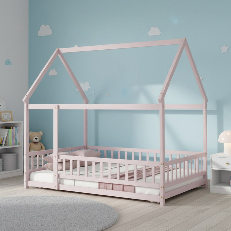 Lit pleine grandeur en bois massif avec structure de toit, lit plateforme avec barrières de sécurité pour garçons et filles