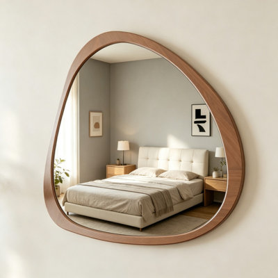 Miroir mural asymétrique en bois massif de noyer de 45 pouces, grand miroir décoratif encadré en bois pour salon, chambre à coucher, salle de bain, couloir et entrée