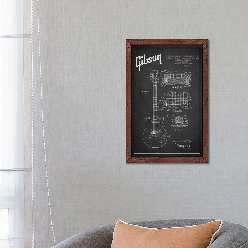 Gibson Guitar Charcoal Patent Blueprint 1 Piece Wall Art on Canvas, 101.6 cm H x 66.04 cm W, Brown Framed