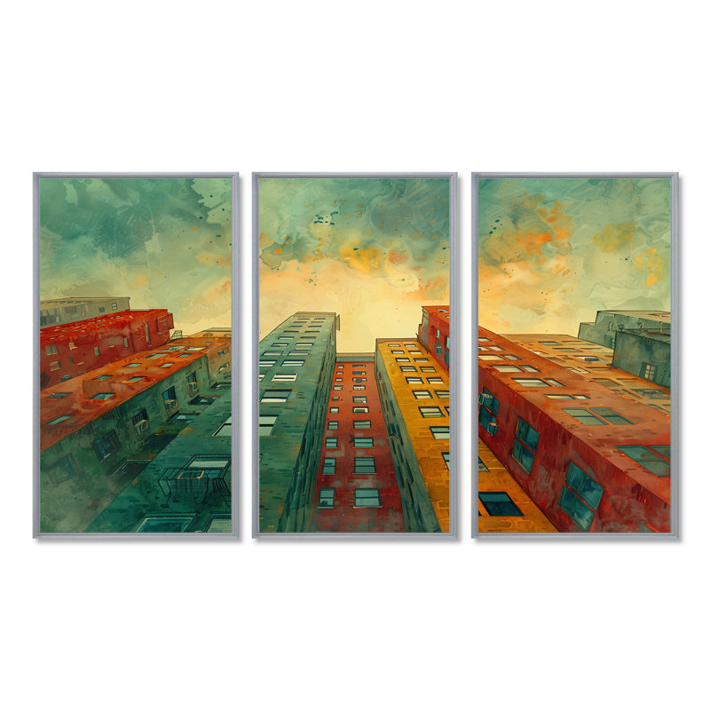 Vert, rouge, urbain, rétro, gratte-ciel II, ensemble d'art mural gratte-ciel, Toile argentée avec cadre flottant