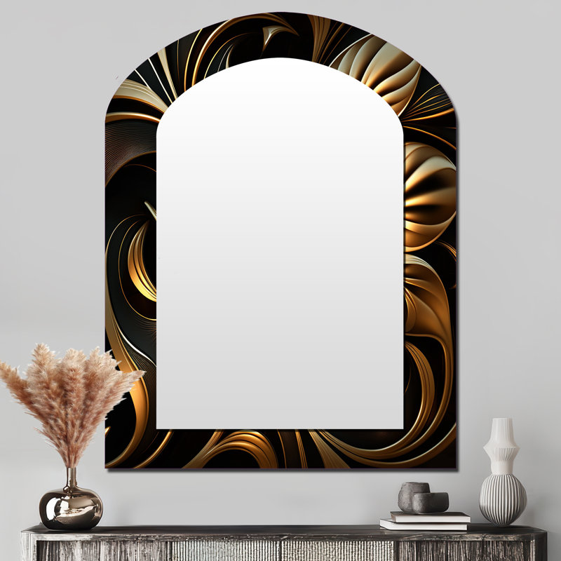 Lys doré sur fond noir I - décor de miroir mural asymétrique unique, grand arc doré, impression sur métal, 43 po x 33 po