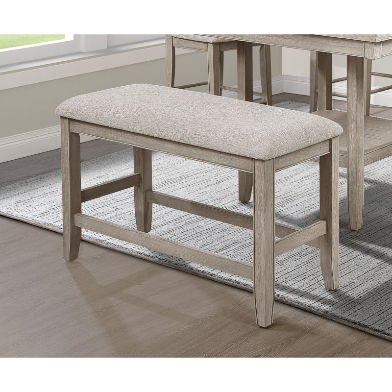 Transitional Counter Height Seat Bench In Beige Gray, Upholstered And With Footrest, Wood Tan/Brown Linen Upholstery Strong For Dining Room