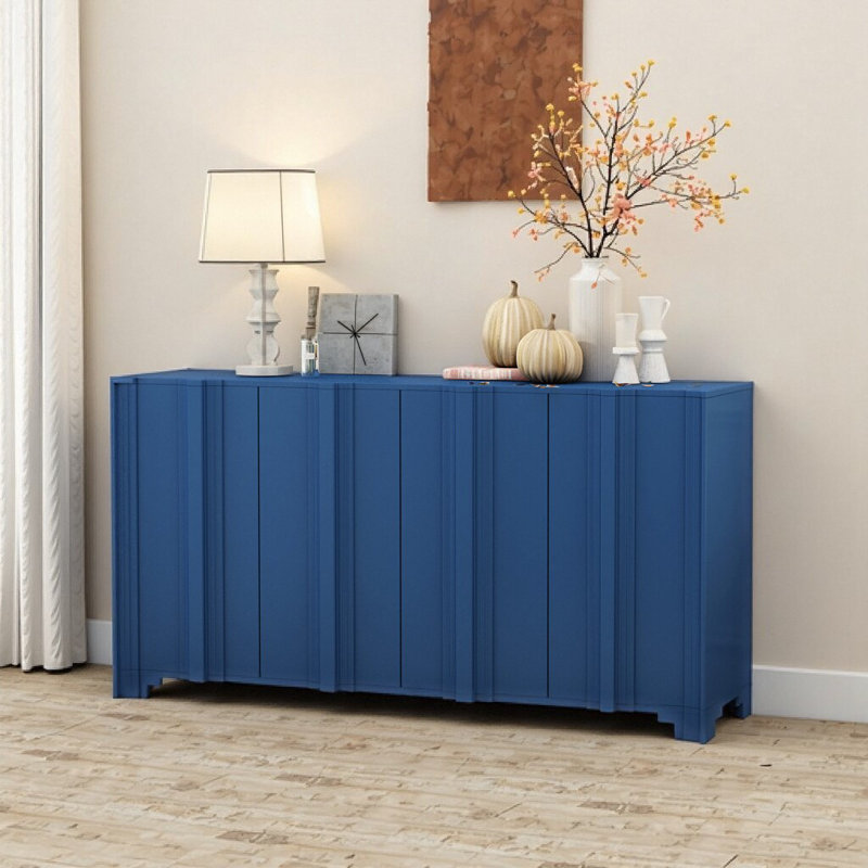 Buffet en placage de pin bleu marine à 4 portes avec incrustations linéaires - Buffet pour le salon et le vestibule, Marine