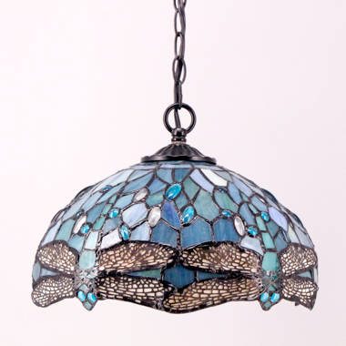 Canora Grey Turrella Tiffany Light Fixture Sea Blue Stained Glass Dragonfly  Hanging Lamp Wide 12 Inch Height 32 Inch & Reviews | Wayfair