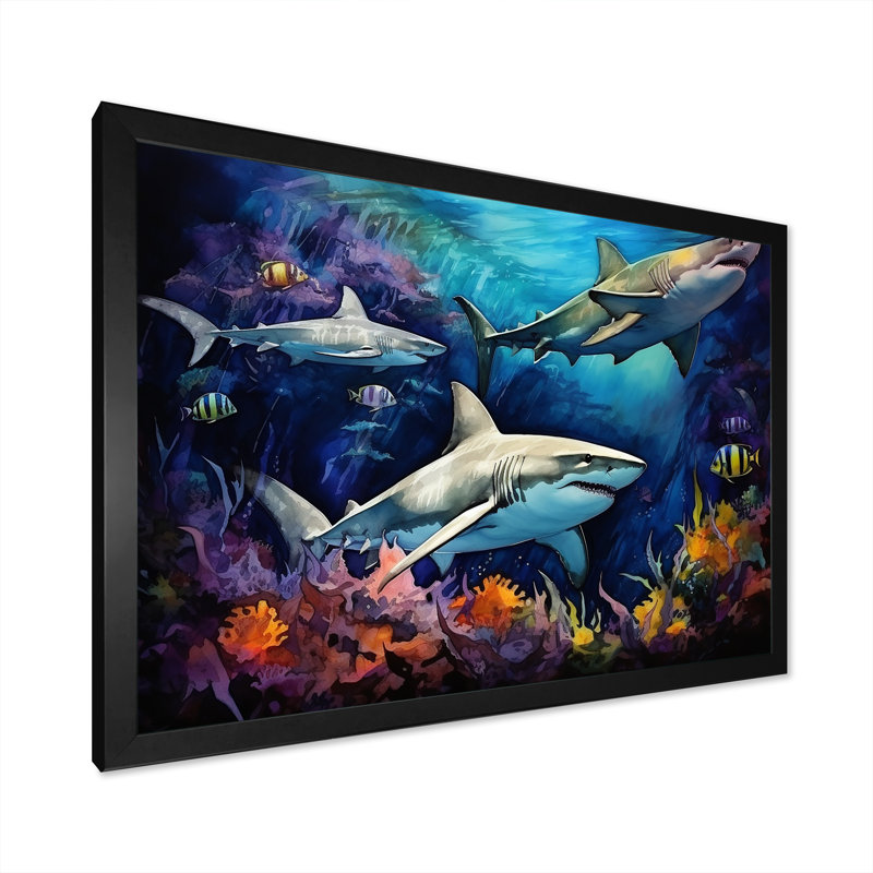 Shark Haven Under Water Painting - Shark Wall Art, 12" H x 20" W x 1" D, Black Single Picture Framed