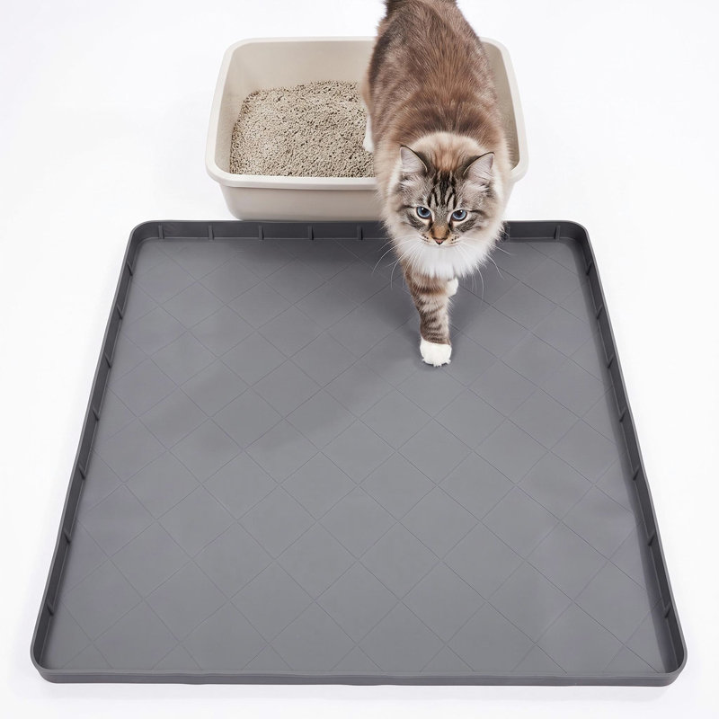 Tapis de litière extra large en silicone (81 x 79 cm), imperméable et anti-fuites, avec bords surélevés, facile à nettoyer, pour protéger le sol des bacs à litière, des zones d'alimentation et des chats, gris.