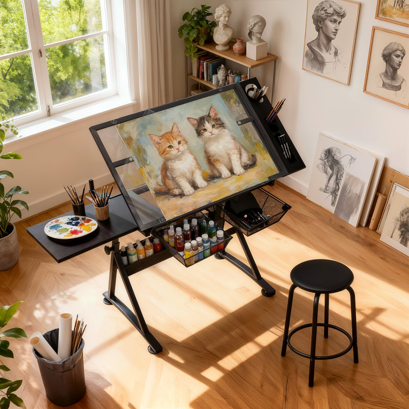 Craft and Drawing Station with Stool Set, Tempered Glass Top Drafting Table with Slide-Out Tabletop