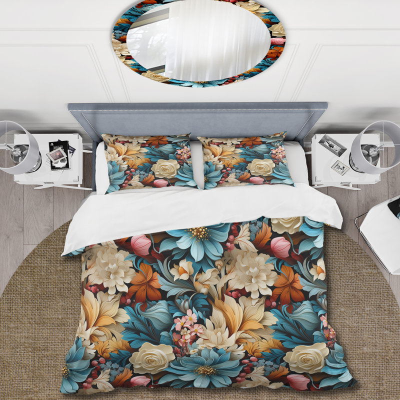 Literie de fleurs bleues et beiges éclatantes, Housse de couette simple + 1 taie décorative stan