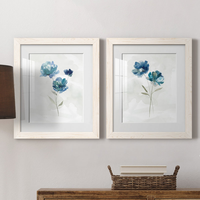 «Blue Botanical I», ensemble de 2 reproductions d'art, H 20 po x l 17 po x P 1 po, Papier encadré blanc, Blanc