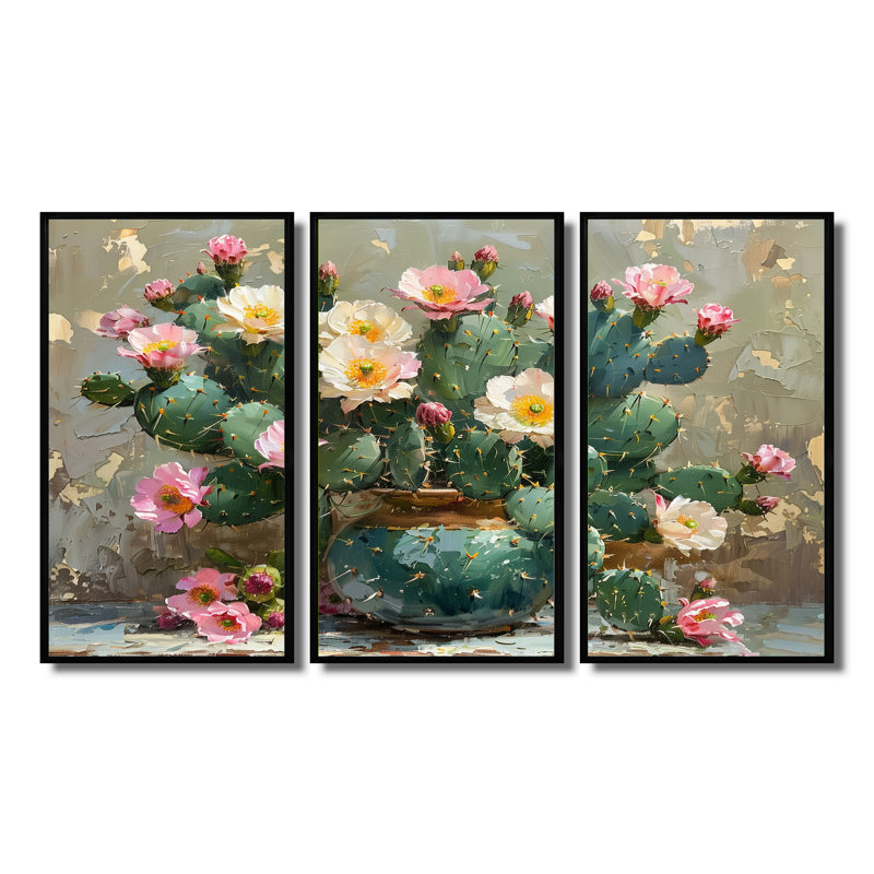 Cactus à fleurs vertes et roses III - Cactus à fleurs vertes et roses III - 3 pièces, H 28 po x l 36 po, Cadre flottant noir