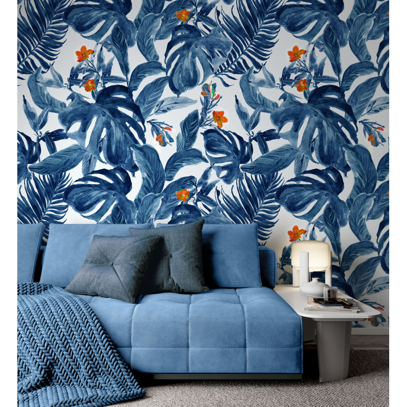 Papier peint floral bleu tropical, L 114 po x l 172 po