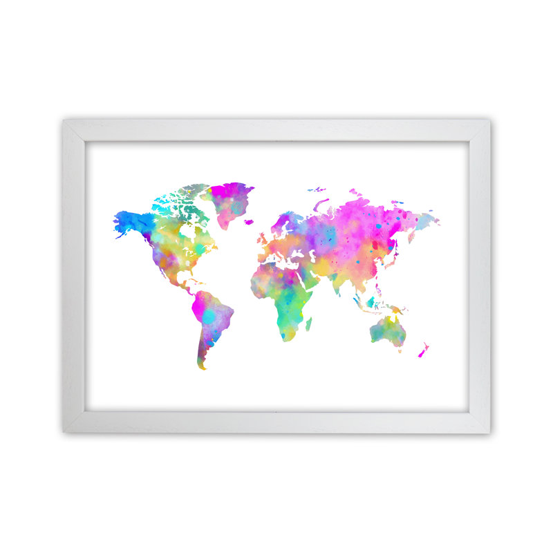 Colourful Watercolour Map - Print, 46cm H x 34cm W x 3cm D, White Framed