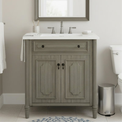 Meuble-lavabo de salle de bain rétro 30 po avec lavabo, armoire de salle de bain rustique avec portes à fermeture en douceur et tablette réglable, conception à profil courbé, pieds en bois d'hévéa, gris