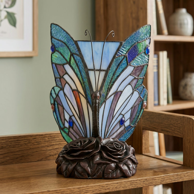 Lampe papillon de style Tiffany Rosalind Wheeler - Lampe de table ou de bureau en vitrail à DEL incluse - Décoration papillon colorée au look rétro