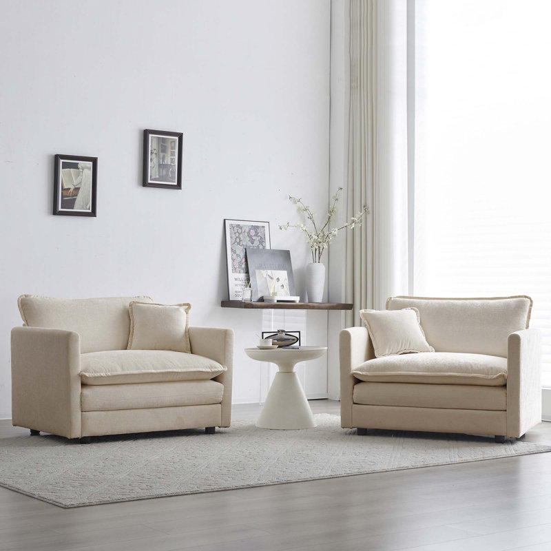 Fauteuil d'appoint haut de gamme en chenille avec coussin décoratif, ensemble de 2, Beige