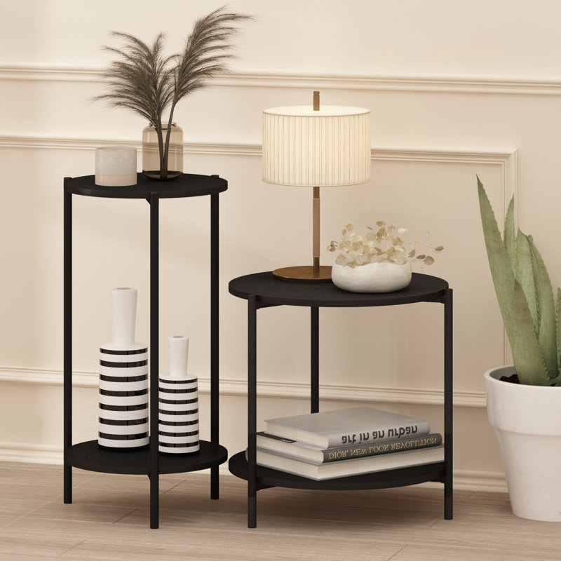 Caureen 2-Tier Modern Tall Round Side End Table with Sturdy Metal Legs, 16.5" H x 15.6" W x 15.6" D, Black