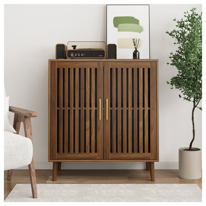 Buffet Mid-Century moderne en noyer avec portes persiennes, tablettes de rangement réglables pour la salle à manger et le vestibule