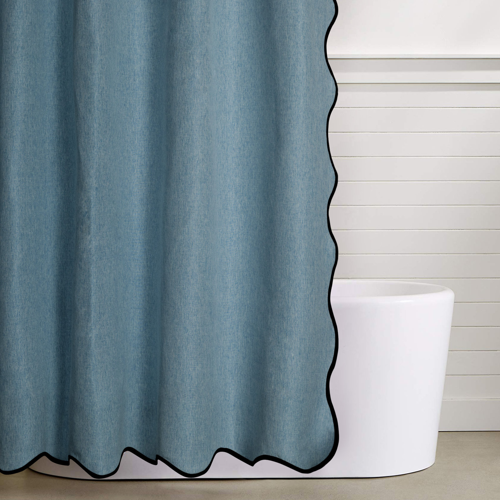 Linen Textured Scalloped Edge Shower Curtain, Dark Blue, 72" H x 72" W
