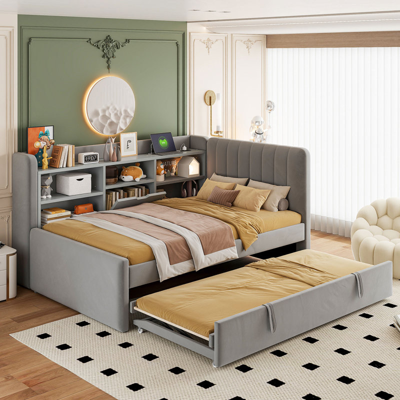 Velvet Fabric Upholstered Twin Size Daybed with Trundle and USB & Outlet, Gray
