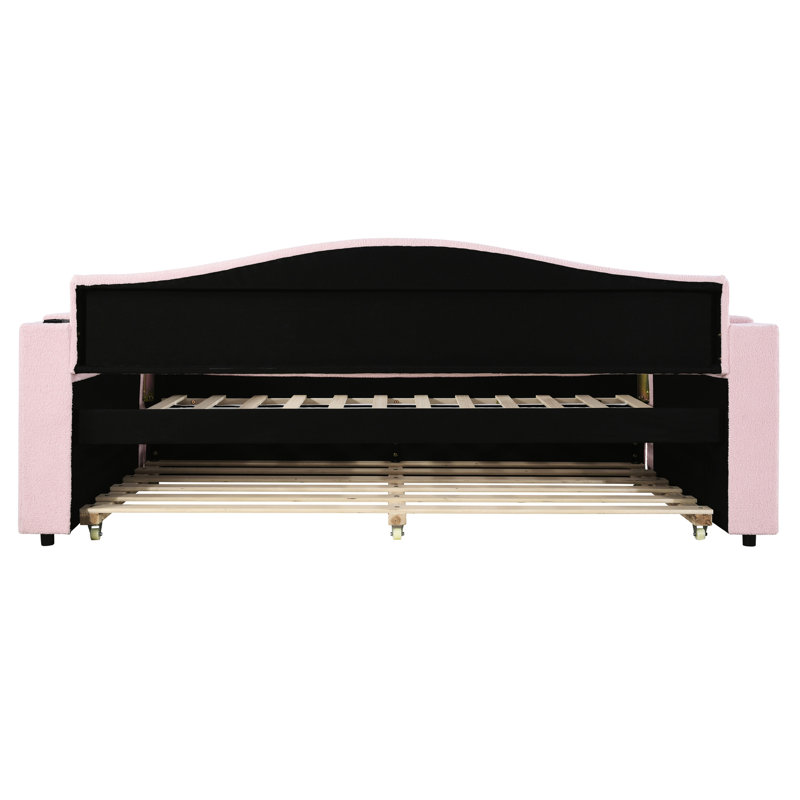 Lit de jour confortable de taille simple rose avec tablettes de rangement et lit gigogne, rembourré moderne sous les accoudoirs