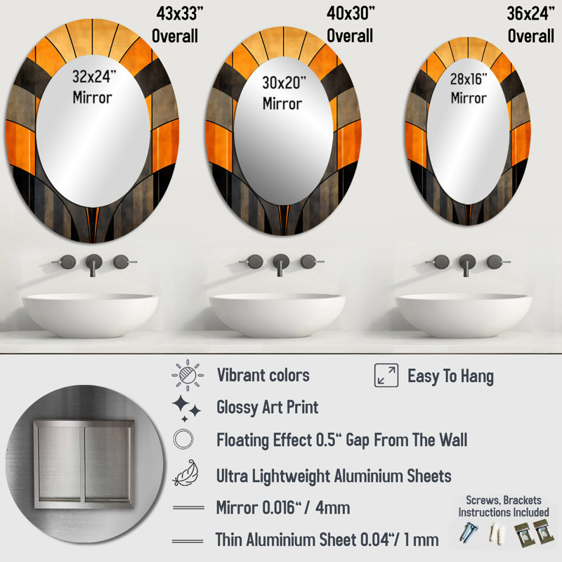 Orange And Grey Vectors - Large Oval Wall Mirror On Metal, 43" x 33"
