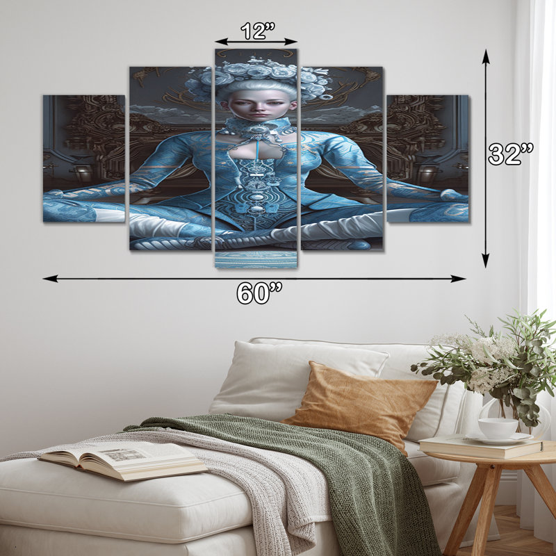 Blue Yogini Meditation Spiritual Elegance II - Yoga Wall Art Living Room - 5 Panels