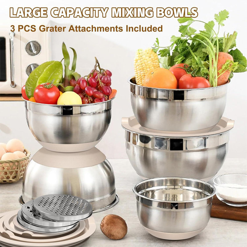 Stainless Steel Mixing Bowls Set with Airtight Lids and Grater Attachments