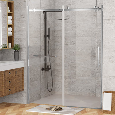 60"W X 76" H Single Sliding Frameless Shower Door With Thickened Upgrade Tempered Glass | Stainless Steel Hardware | Safe, Explosion-Resistant &  Anti-shatter Film | Waterproof Design | Easy to Install | Sturdy & Durable