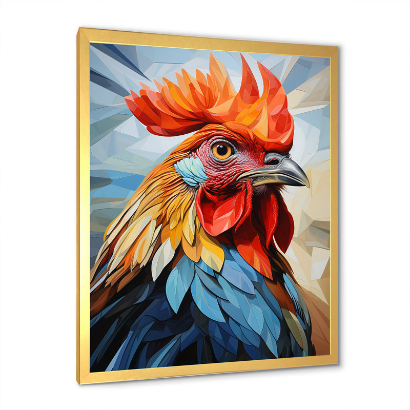 «Cubic Colorful Rooster Collage III», art mural animal de poule, Cadre doré simple, H 32 po x l 24 po x P 1 po