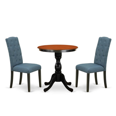 3 Piece Dining Table Set Contains a Round Kitchen Table with Pedestal and 2 Mineral Blue Linen Fabric Parson Dining Chairs, Black & Cherry