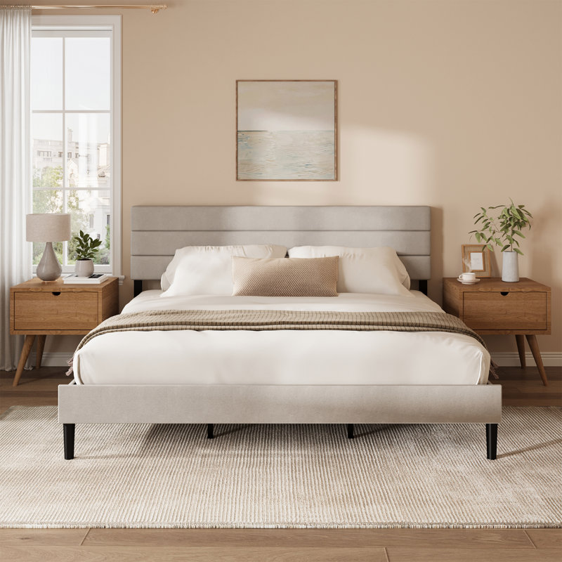 Lit plateforme tapissier à profil bas, Très grand, Beige