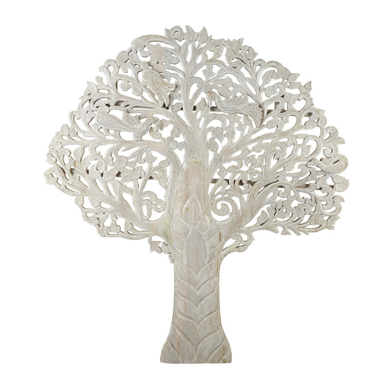 Mango Wood Large Carved Tree Wall Decor with Scrollwork, White