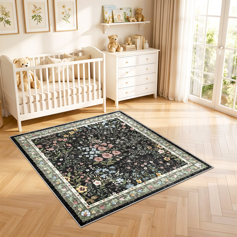 Tapis floral Eden Mughal, Noir, Carré : 4 pi