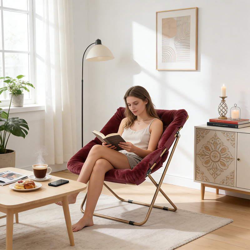  Square Faux Fur Saucer Chair With Metal Frame Foldable Comfy Accent Chair For Bedroom, Living Room & Reading Nook, Red