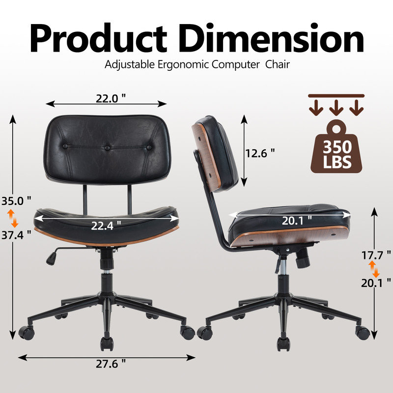 Faux Leather Modern Walnut Office Chair, Armless Computer Desk Chair, Black