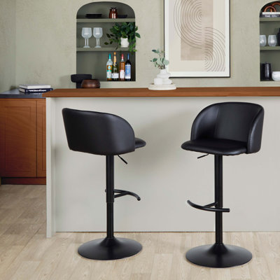 Tabouret de bar réglable en métal et similicuir noir avec repose-pieds arrondi en T - ensemble de 2