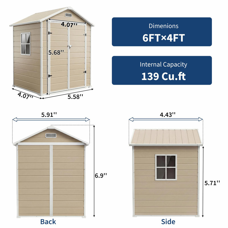 Remise de rangement extérieure 6 po x 4 pi, boîte à outils robuste en résine avec fenêtre, verrouillable, brun clair, Brown
