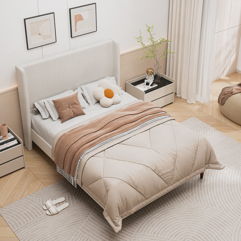 Grand lit grand à dossier haut, support à 12 lattes, lit doux de haute qualité, facile à assembler, beige, tissu chenille