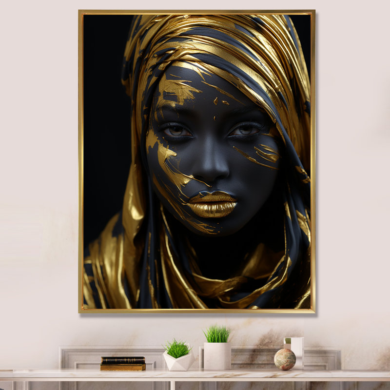 Gracieuse déesse afro-américaine dorée I - impression, H 32 po x l 16 po x P 1 po, Cadre flottant doré