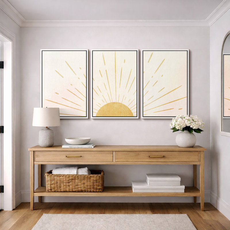 "Bright Bright Yellow Burst", Neutral Abstract , H 24 po x l 48 po, Cadre flottant, Blanc