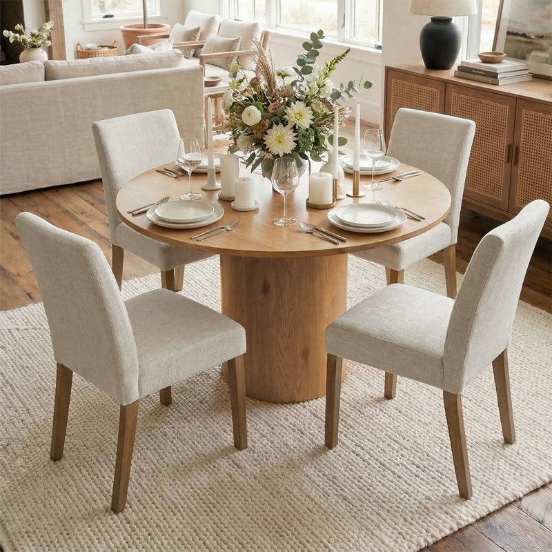 Ensemble de table de salle à manger 4 personnes Danayla avec table ronde de 41,5 po et 4 chaises rembourrées en lin, Beige