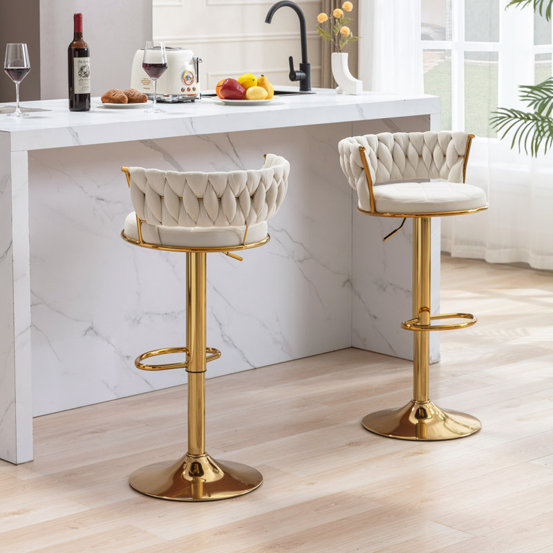 Aryelle Velvet Upholstered Bar Stools with Woven Backrest, Height Adjustable Counter Stools with Low Back, Swivel Kitchen Stools for Kitchen Island, Bar, Pub