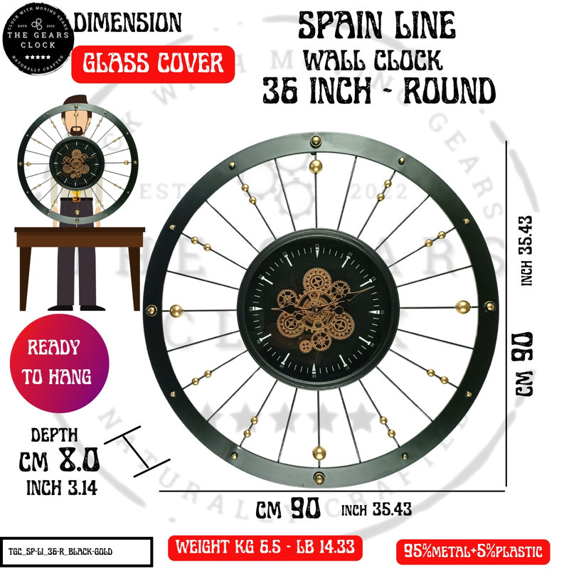 THE GEARS CLOCK Wall Clock with Real Moving Gears SP-LI_ Round BLACK-GOLD