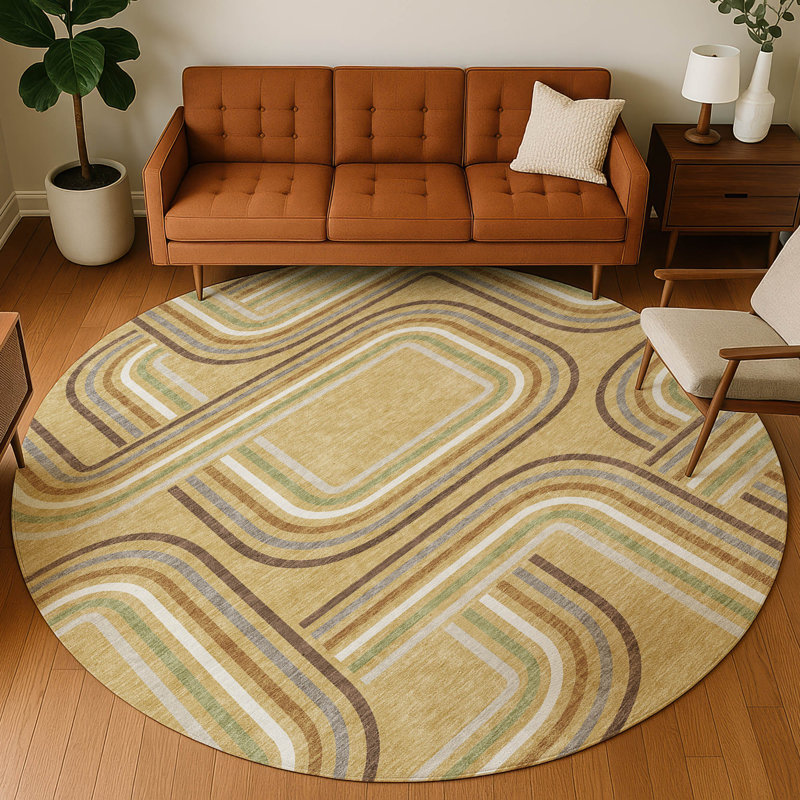 Machine Washable Indoor/Outdoor Chantille ACN2535 Geometric Rug, Gold, Round 8'