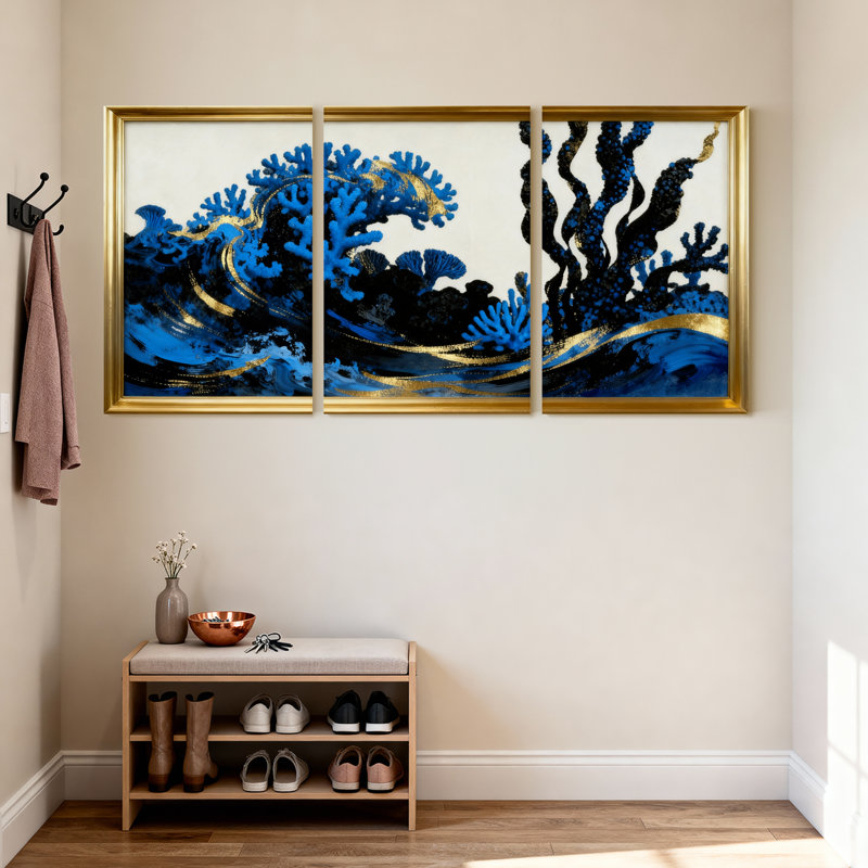 Ensemble de 3 impressions sur toile Blue Coral Waves avec accents dorés, H 24 po x l 48 po