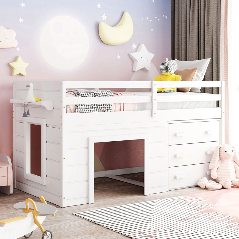 Lit mezzanine simple avec armoire et tablette, Blanc