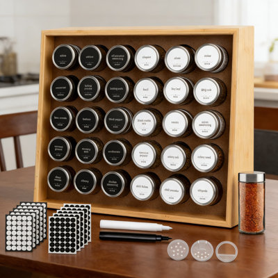Support à épices avec 30 pots en verre, couvercles en acier inoxydable, support en bambou, 350 étiquettes imperméables et 2 marqueurs à craie | Solution complète de rangement pour épices de comptoir