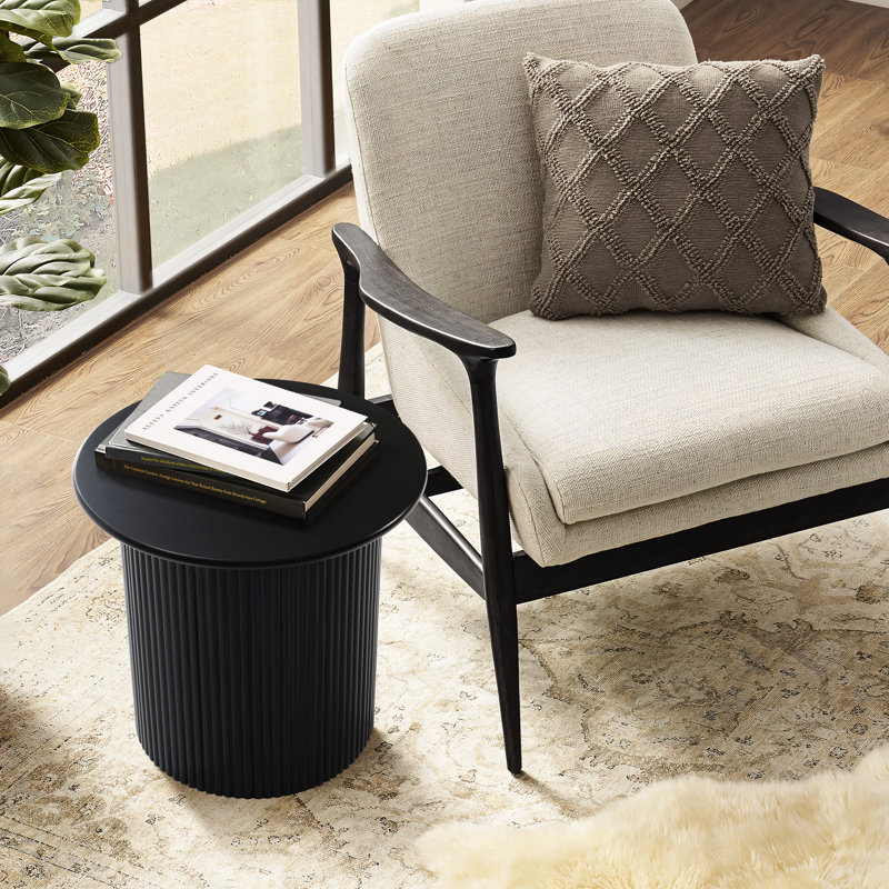 Compact Size Round Side Table with Black Fluted Fir & MDF Wood Accent