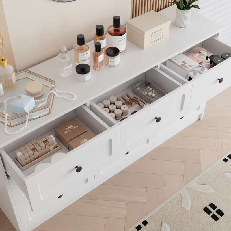 Commode 9 tiroirs, commode longue de 63 po de largeur avec 9 tiroirs, Blanc